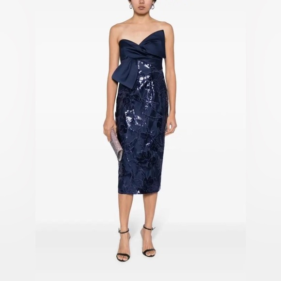 Marchesa Notte Lotus Sequin Midi Dress Size 2 Navy Formal Elegant Party Evening - Picture 1 of 16